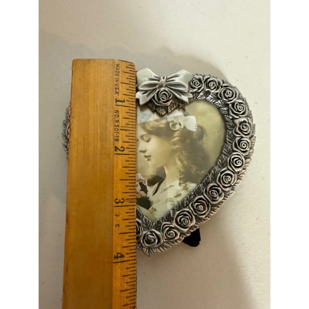 Vintage MT Pewter Tone Heart Picture Frame Rose Floral Bow Victorian Style 3.5in